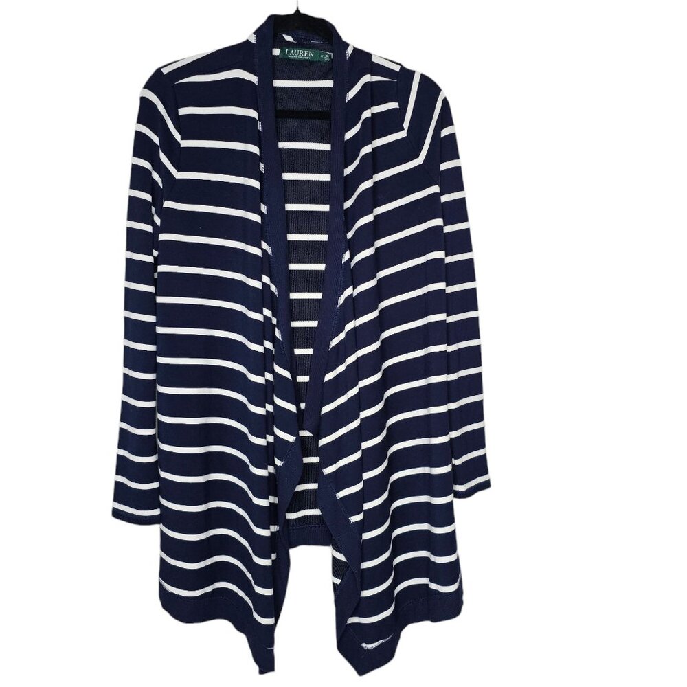 Ralph Lauren M Cardigan Navy Blue White Striped Open Nautical Coastal Office